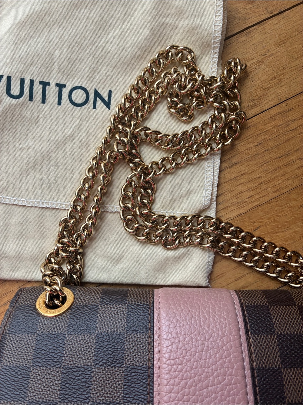 Louis Vuitton Brown Damier Ebene with Pink Center Stripe Chain Crossbody - Picture 3 of 11